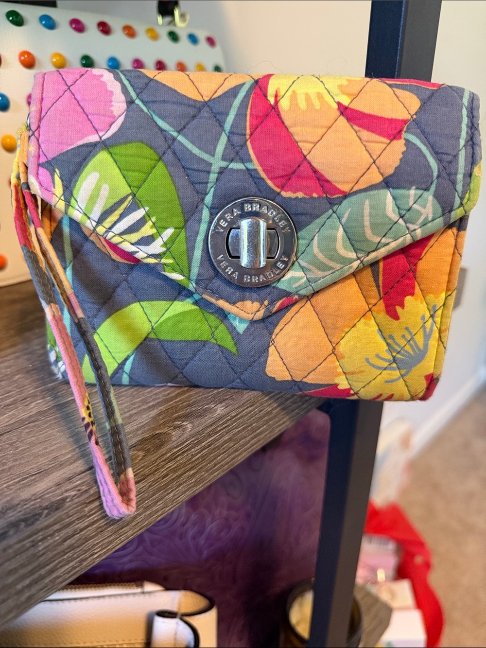 Vera Bradley Quilted Floral Wristlet in Gray with Bright Multicolor Blooms